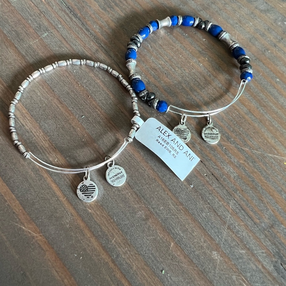 Alex and Ani stackable bracelets. Silver and blue